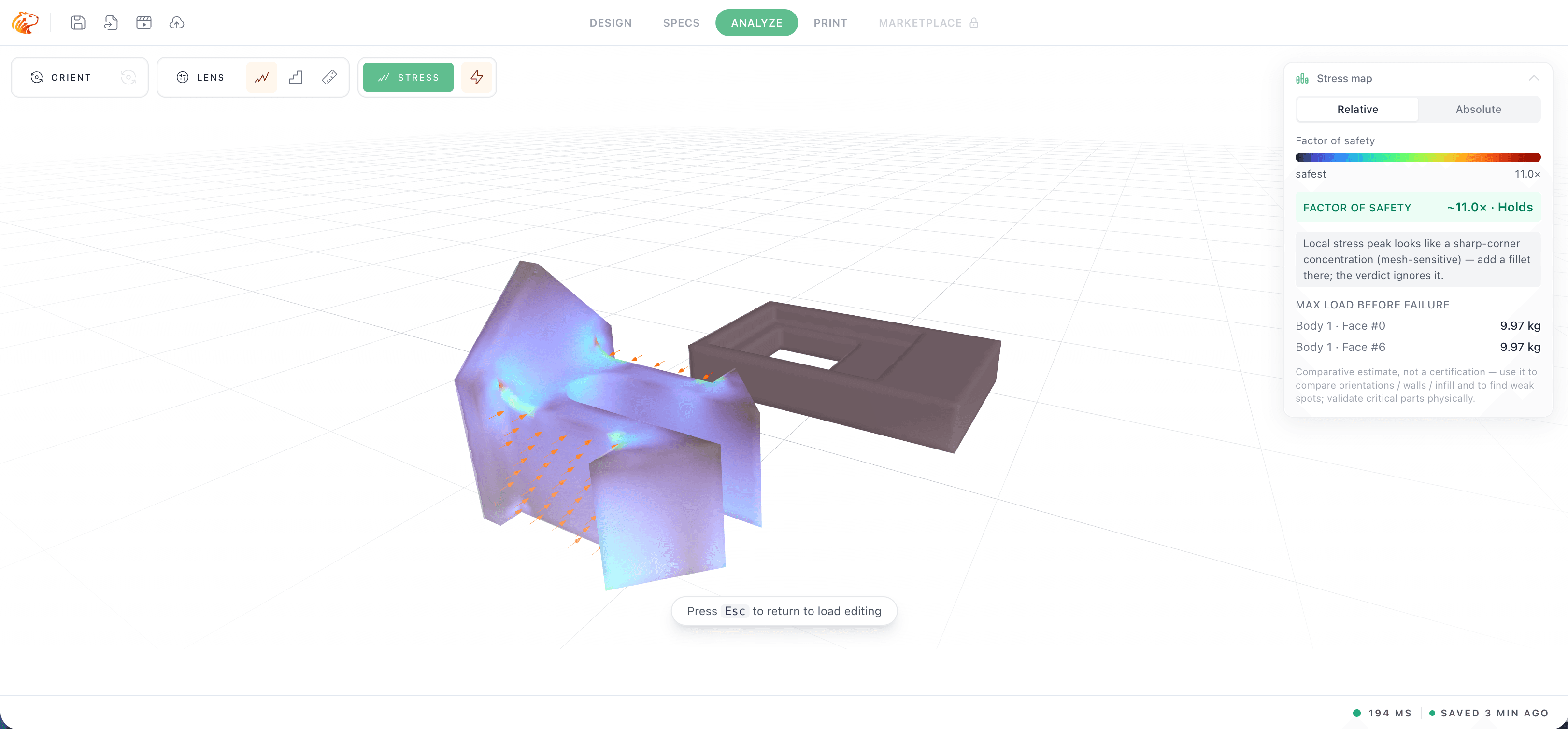 Analyze mode showing a coloured stress map on a part.