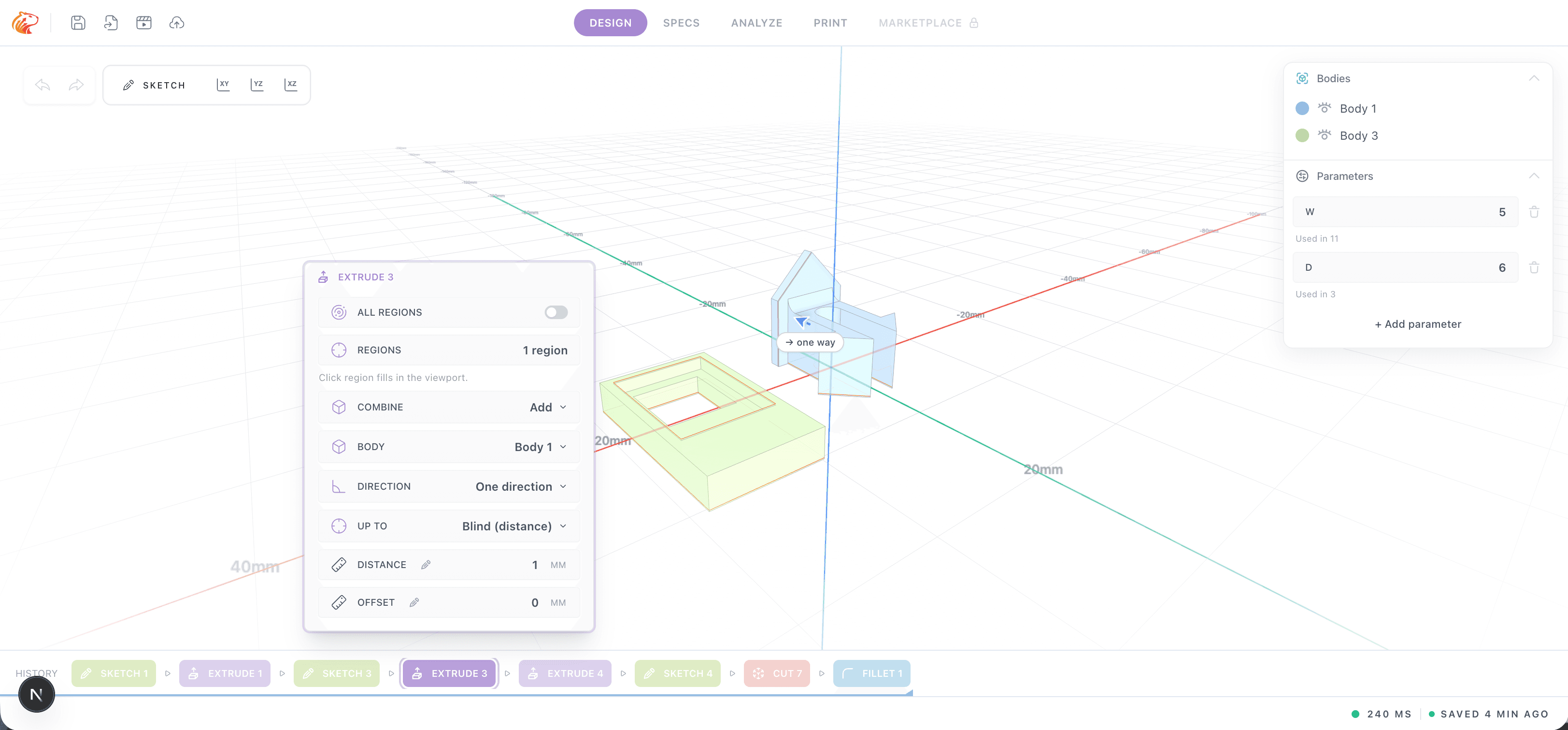 The Kapy CAD editor: parametric extrude with timeline and parameters.