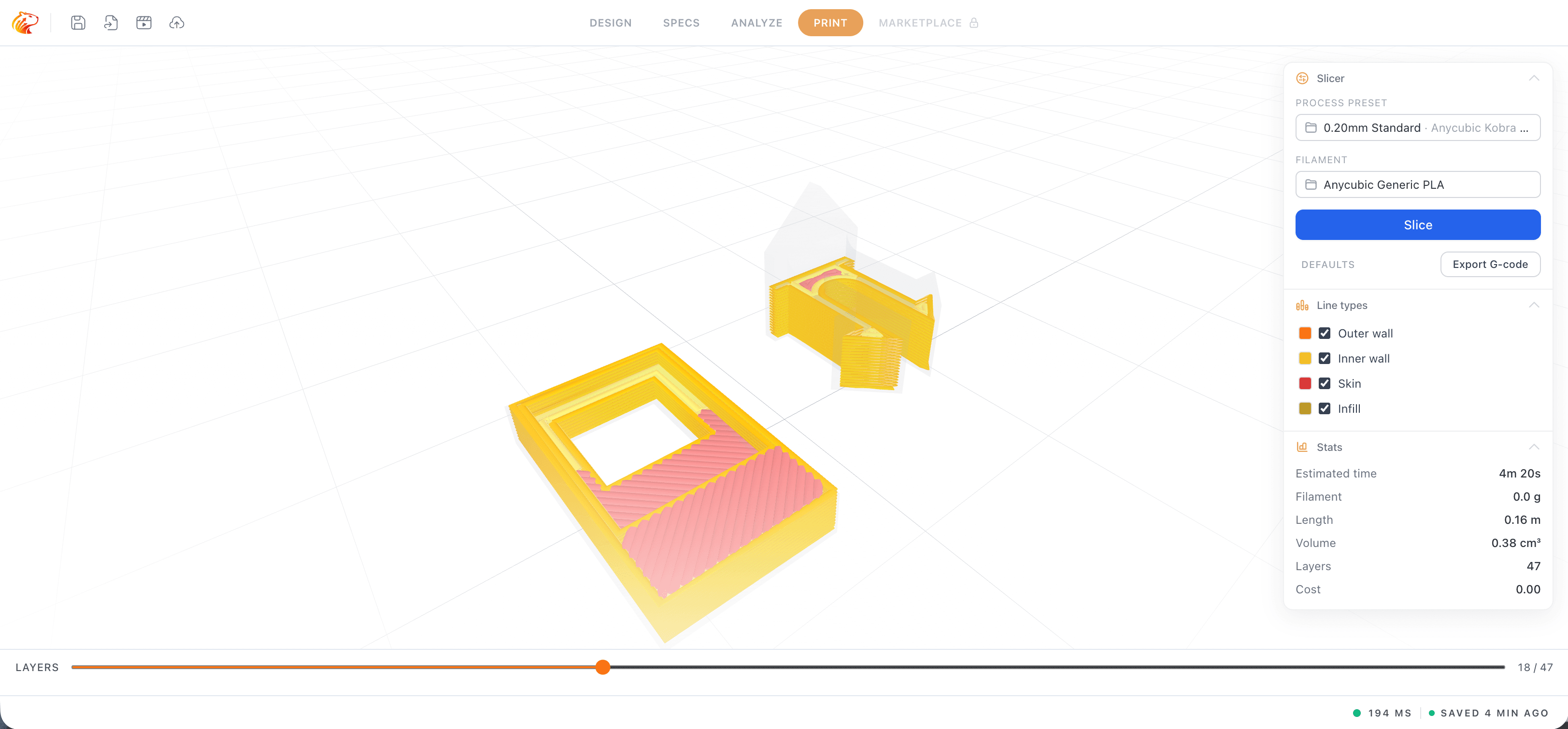 Print mode with the slicer panel, layer preview and time/material stats.