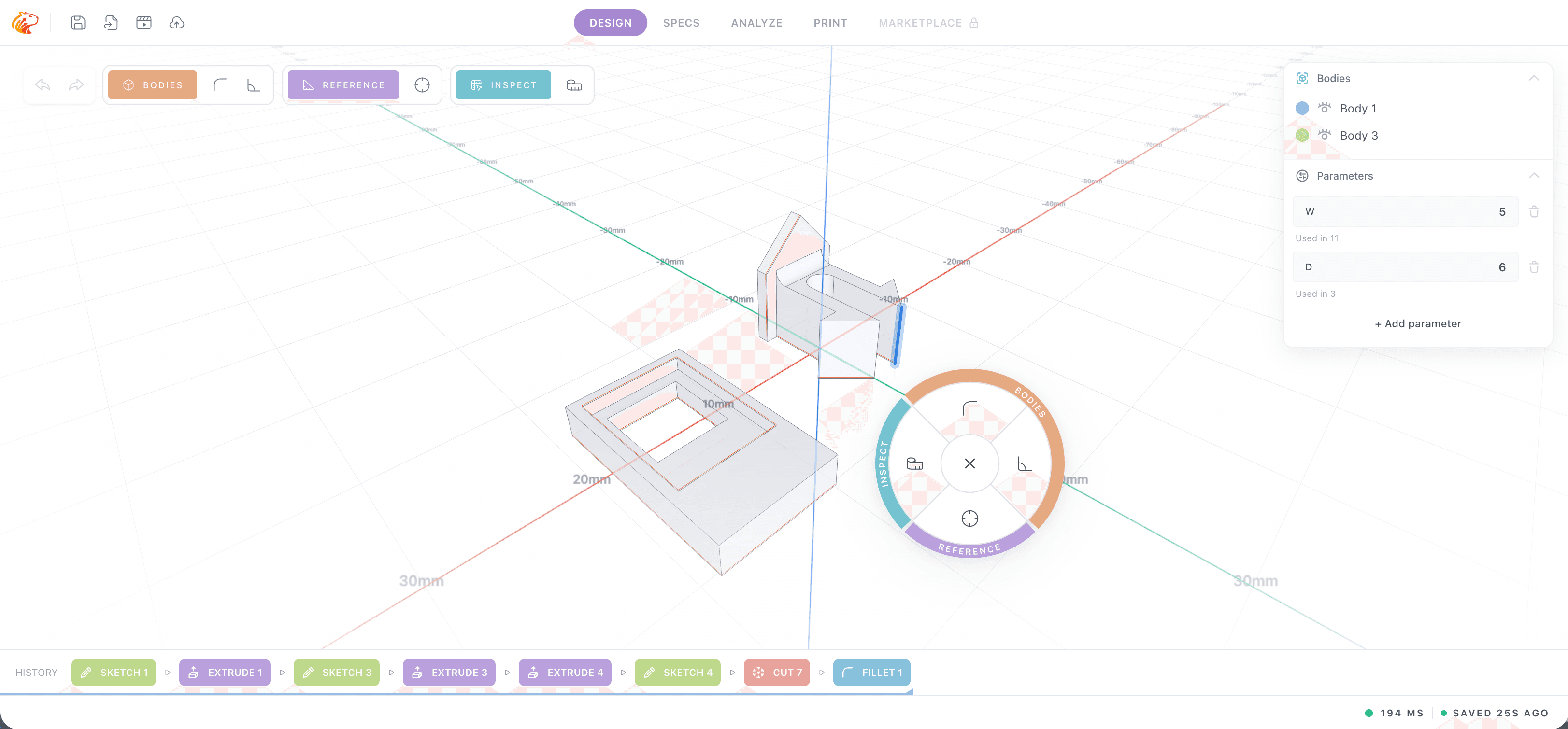 Pastel radial context menu over the 3D viewport.