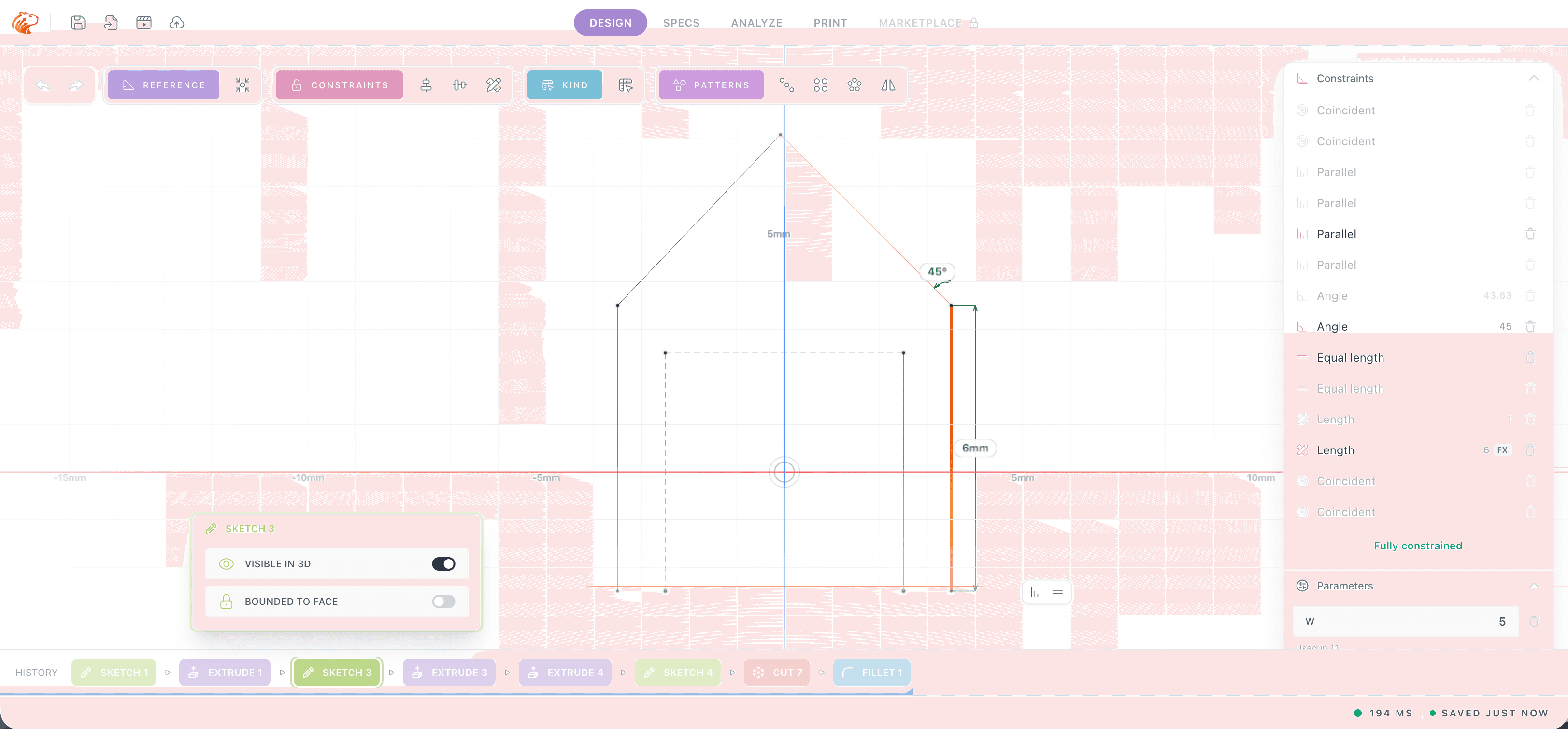 Sketch mode with constraint toolbar and a fully constrained outline.