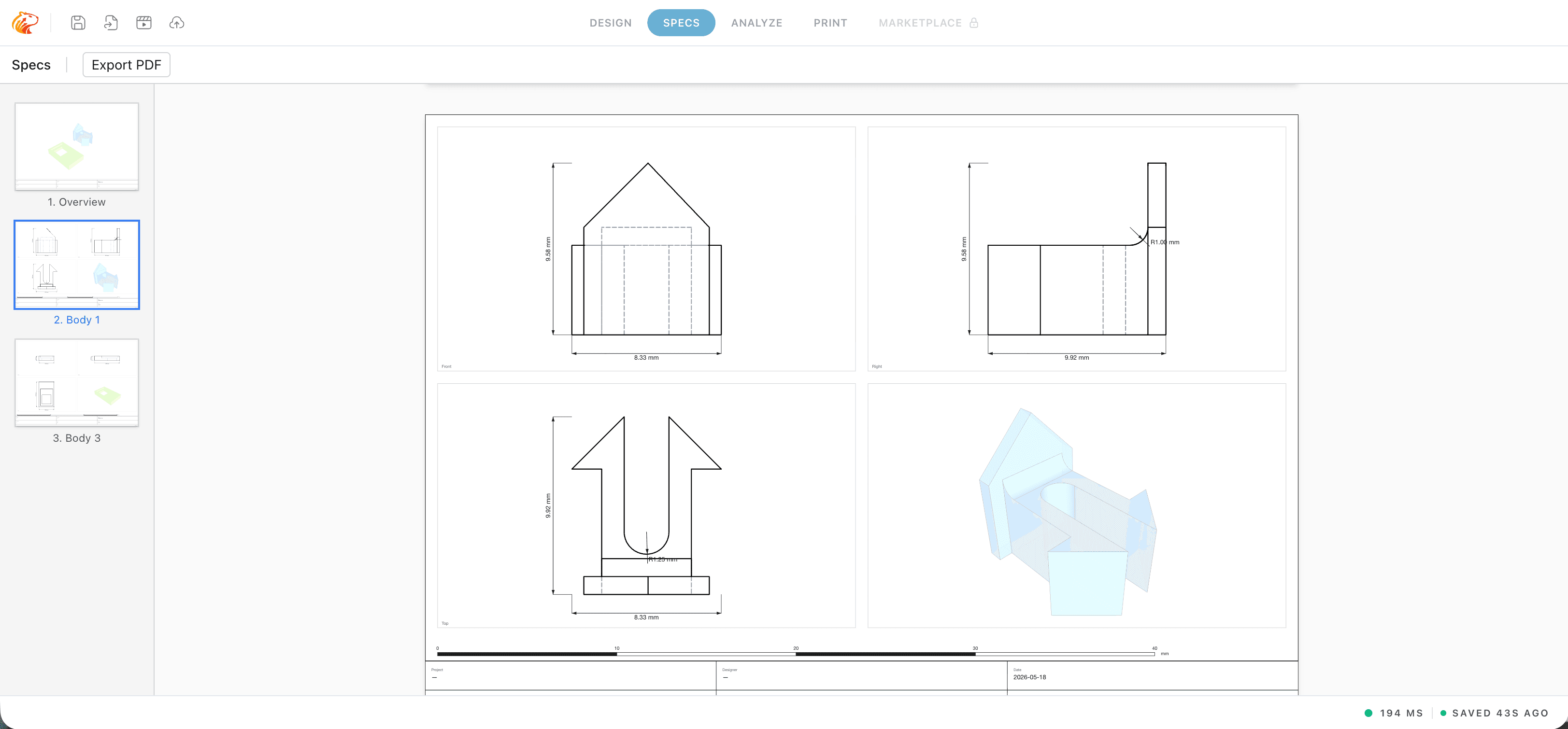 Specs mode with a grid of orthographic and isometric views, dimensioned.