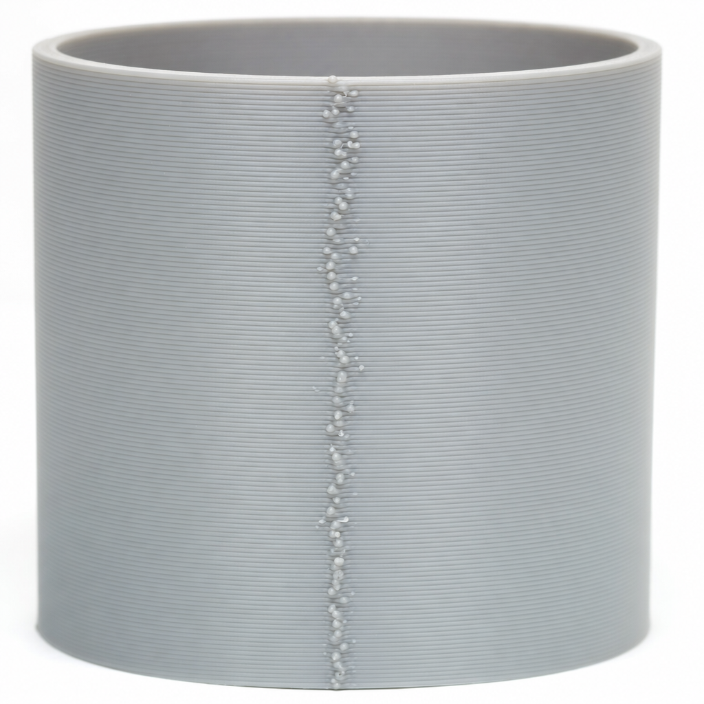 A blob column at the seam: bumps where each perimeter starts, climbing a cylinder wall