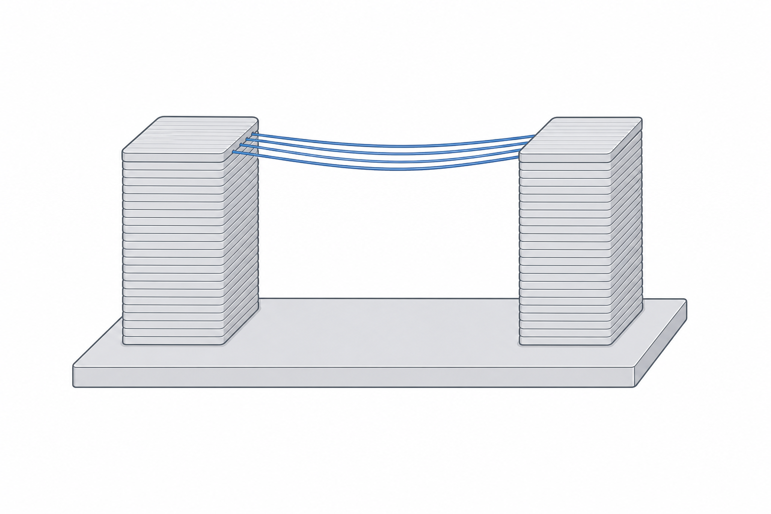 Two layered printed towers with thin parallel filament strands spanning the gap between their tops, sagging slightly in the middle