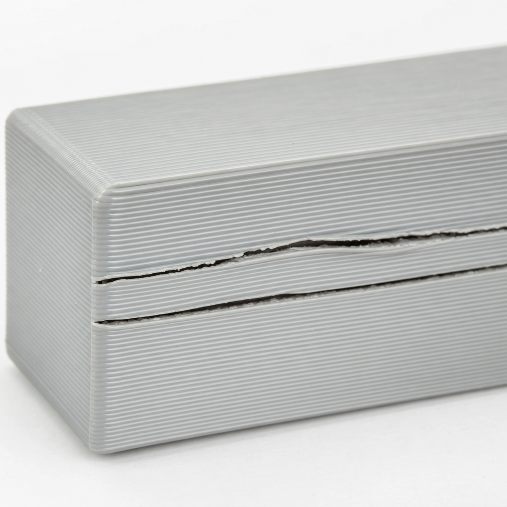 Delamination: horizontal cracks opened exactly along the layer lines of a printed block