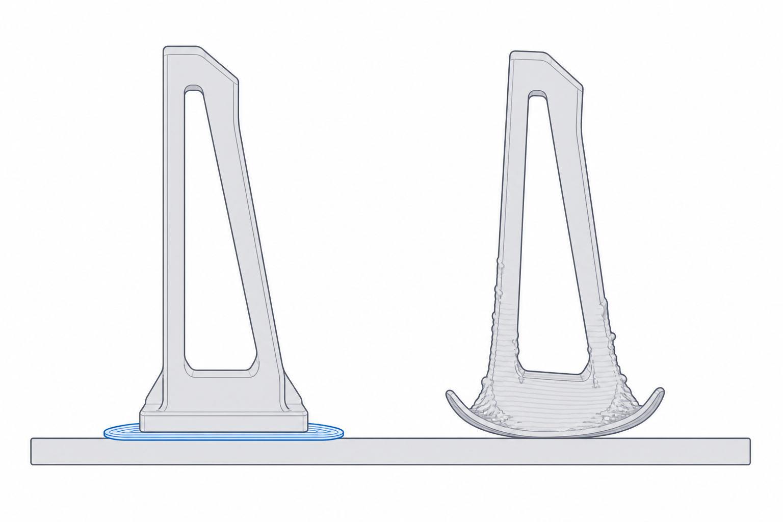 A tall part standing on a wide brim beside the same part tipping over without one