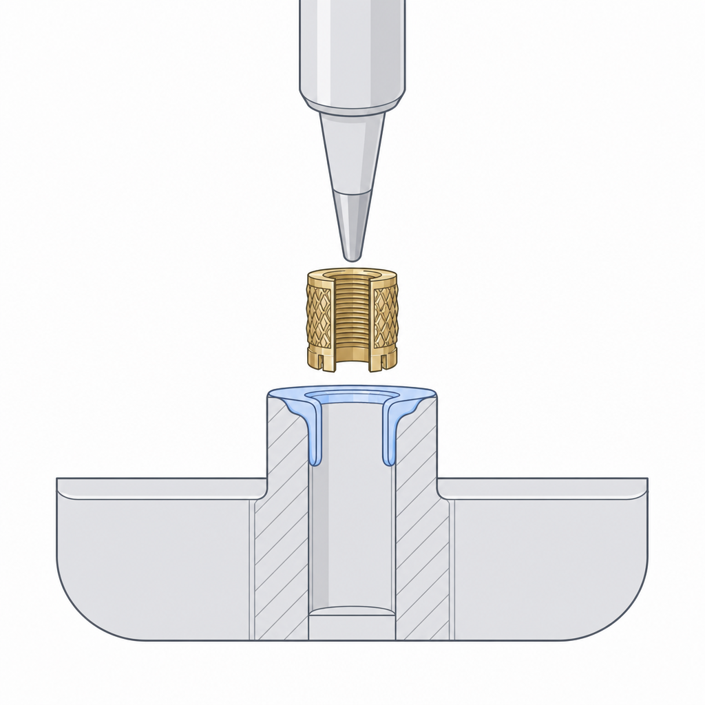 A soldering iron pressing a brass heat-set insert into a plastic boss, shown in cutaway
