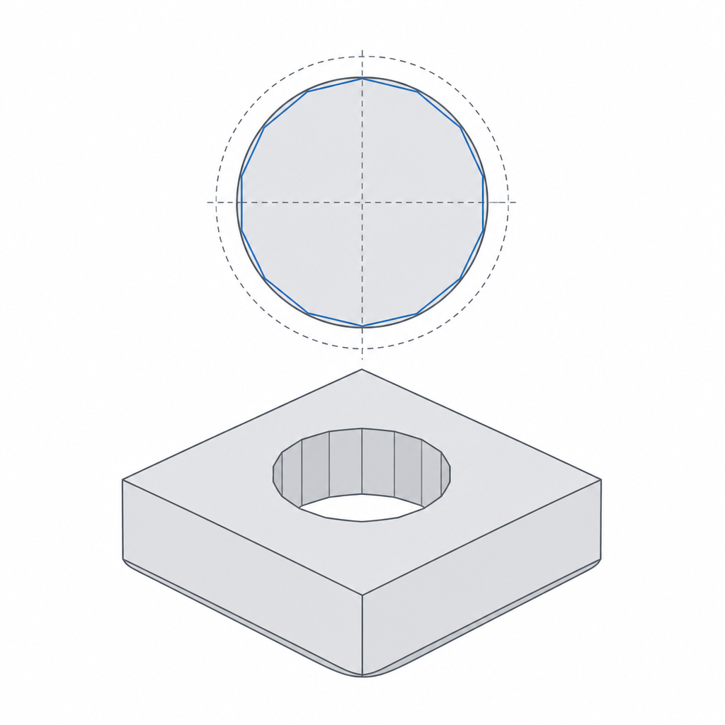 A printed hole as a faceted polygon inside the true circle, beside a part base bulging with elephant's foot