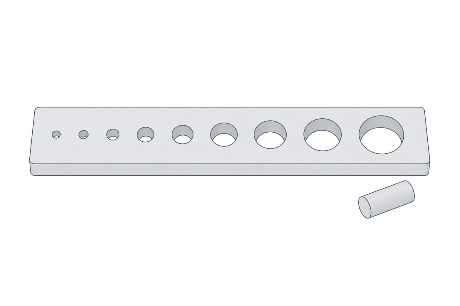 A printed test strip with a row of holes in stepping diameters beside a test pin