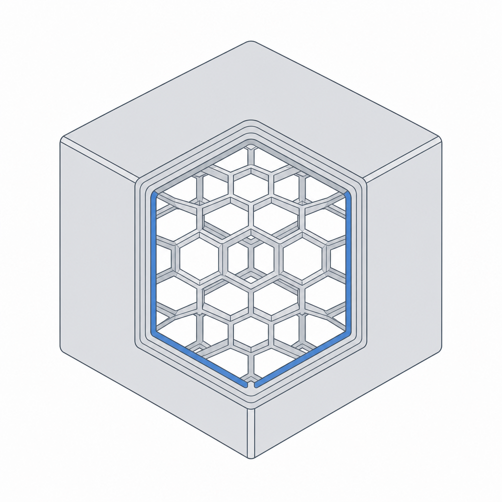 Cutaway of a printed cube: a few solid outer wall loops wrapping a sparse honeycomb infill lattice inside