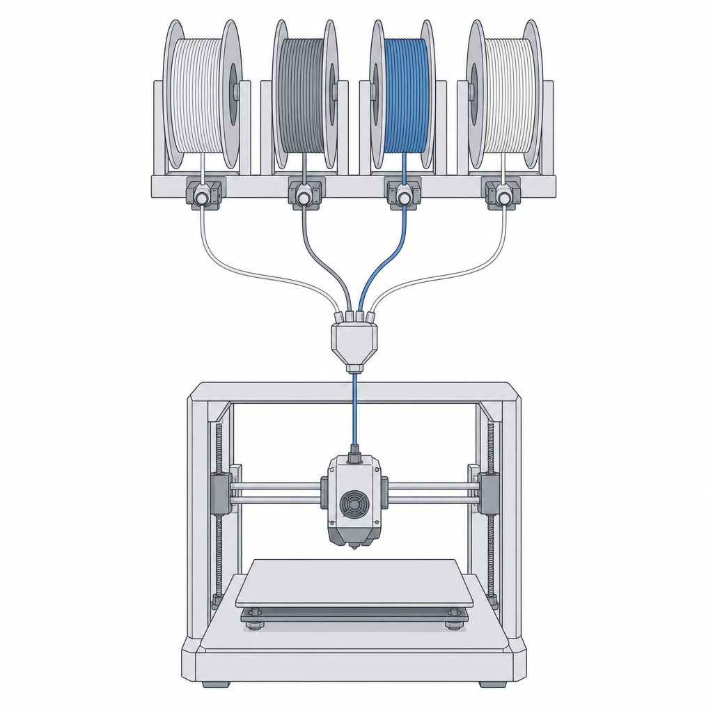A multimaterial unit feeding four spools through tubes that merge into a single nozzle.