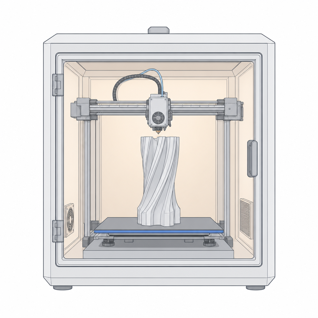 An FDM printer enclosed in a cabinet with a clear door, printing a tall part in warm, still air.