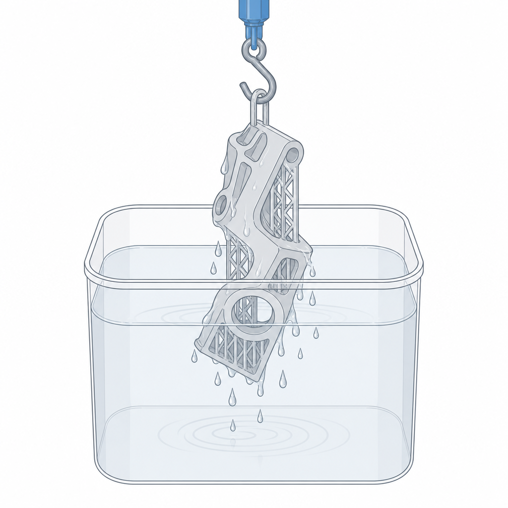 A freshly printed resin part being rinsed in isopropyl alcohol, uncured resin dripping off.
