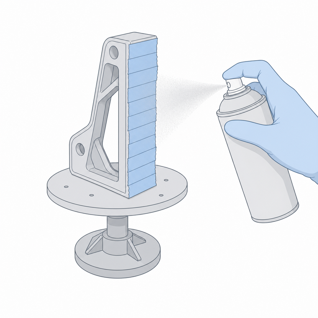 A printed part on a turntable stand being spray-primed, with one face masked off with tape.