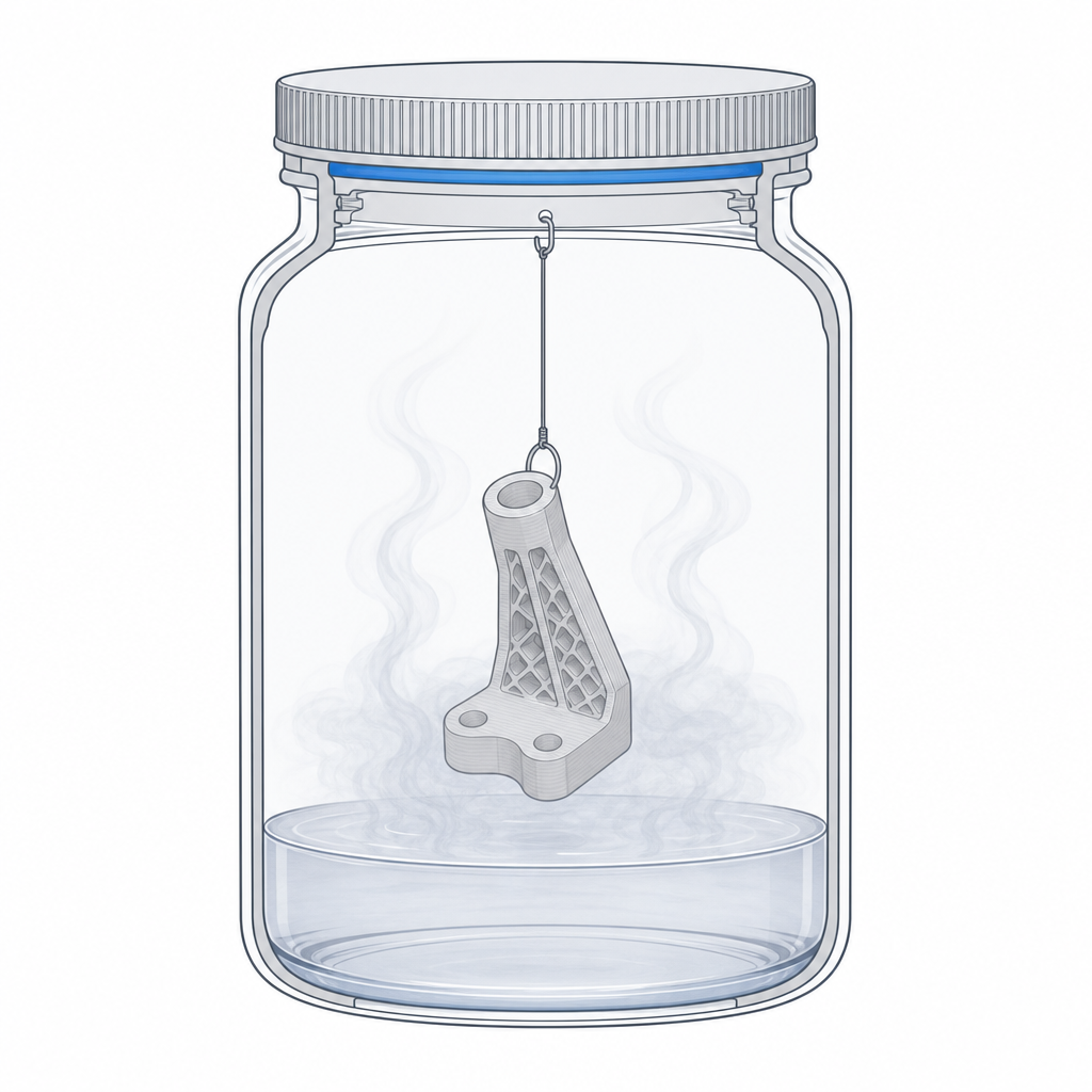 A printed part hung inside a sealed jar with acetone at the bottom; vapor rises and reflows its outer skin.