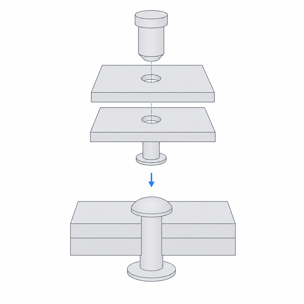A heat-staking post before and after: melted into a mushroom head that traps the second part
