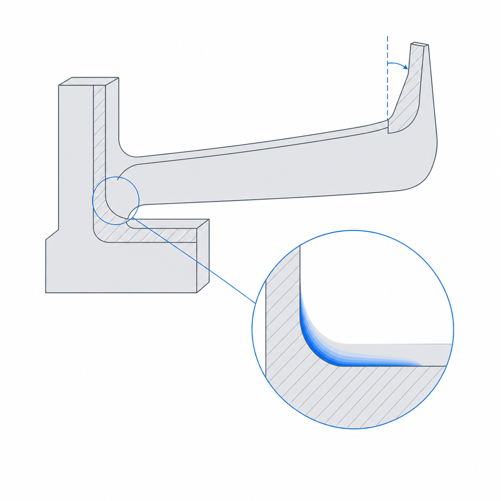 Section through the root of a cantilever arm showing the fillet radius, the stress peak, and the retention angle