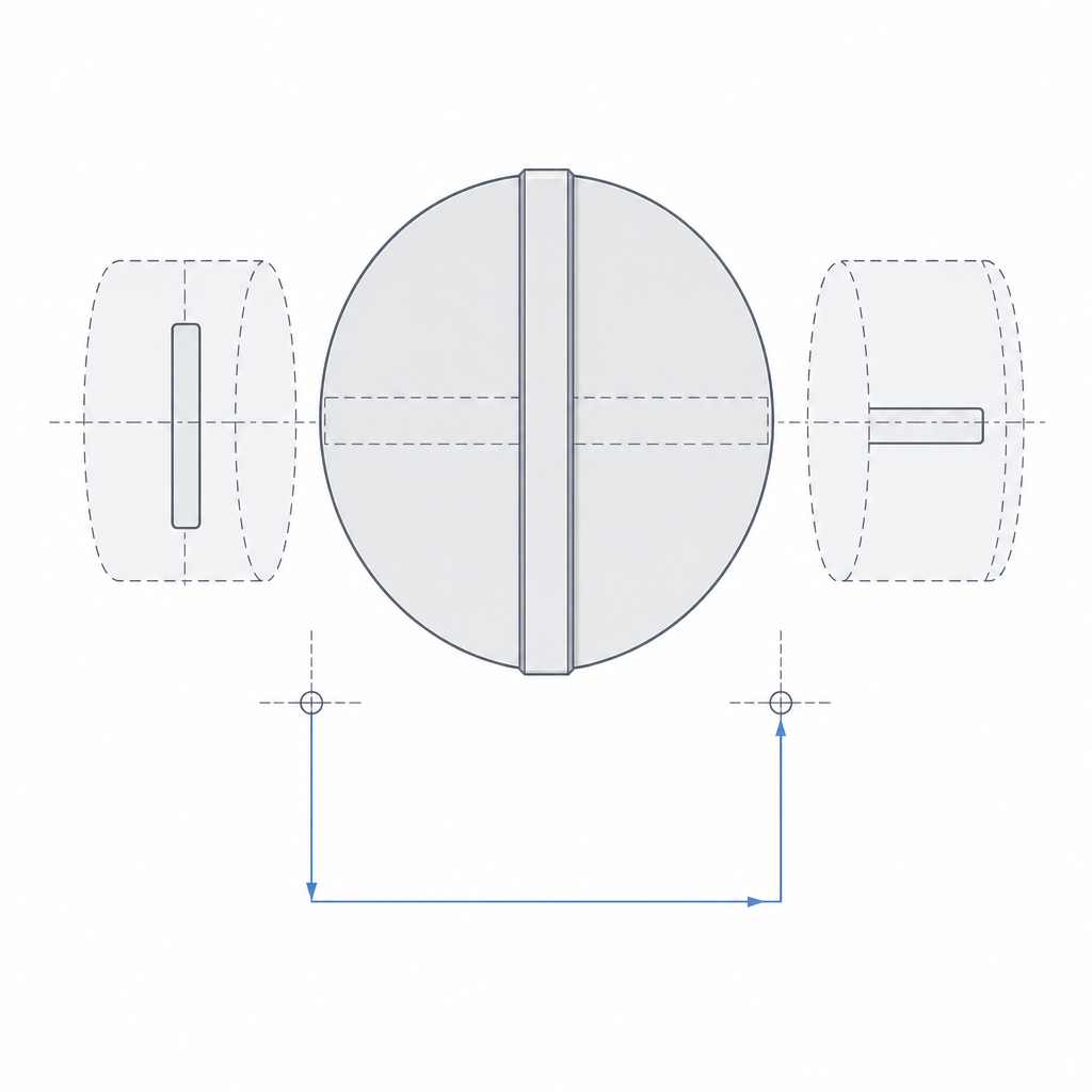 Front view of the Oldham disc with its two perpendicular keys in the slots, decomposing the parallel offset