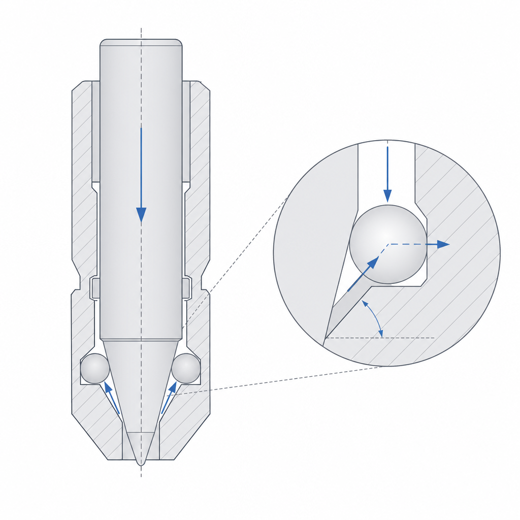 Axial-to-radial decomposition of the force on the conical ramp of a ball-lock pin and the self-locking threshold