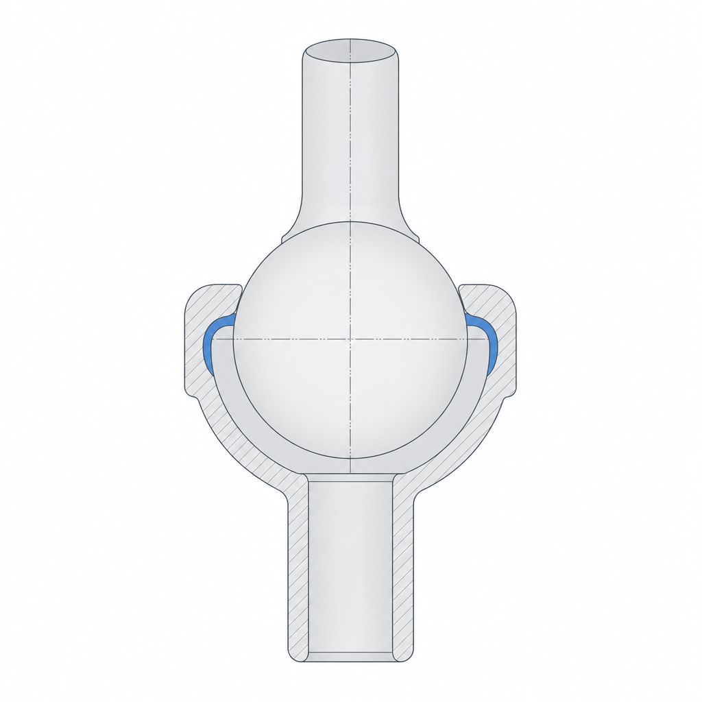 Cross-section of the socket capturing the ball past its equator, with the retention margin marked
