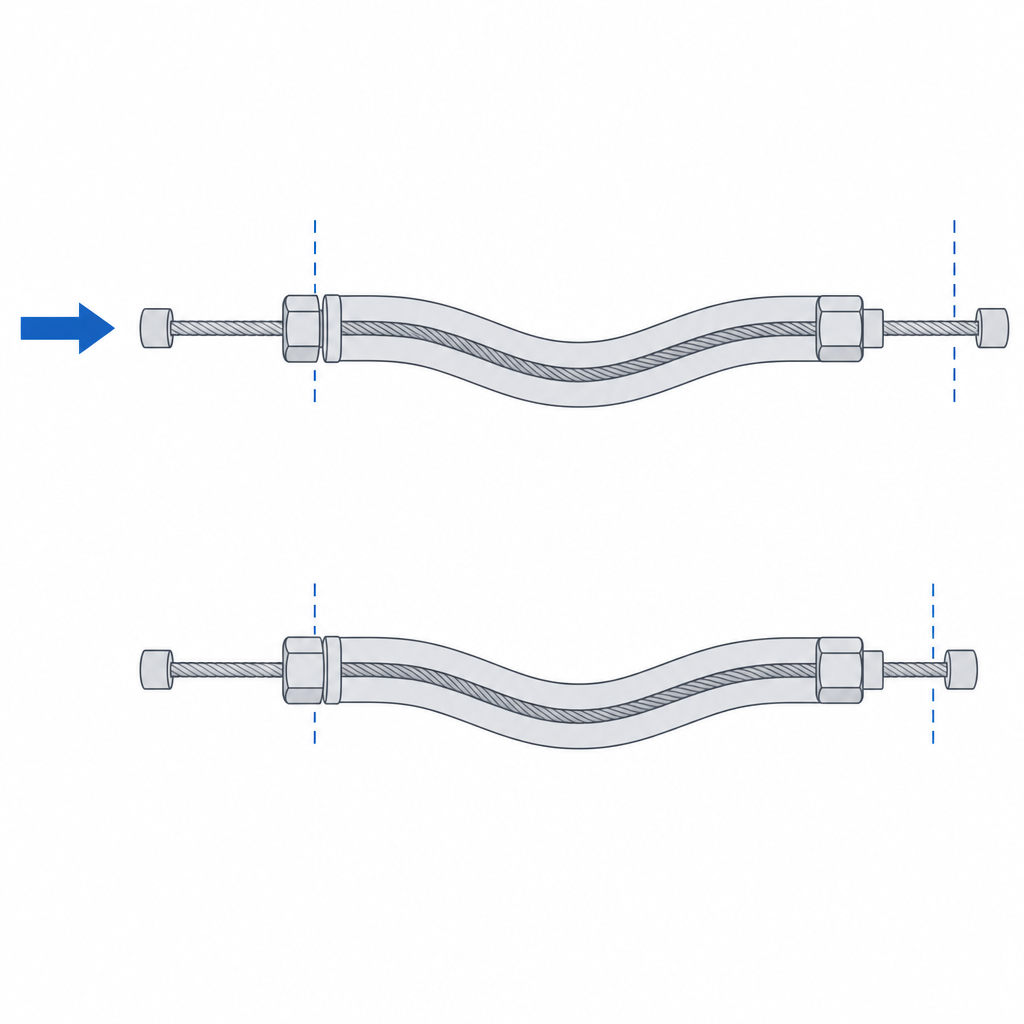 Inner cable sliding inside a curved sheath anchored at both ends, with the dead zone from sheath compression