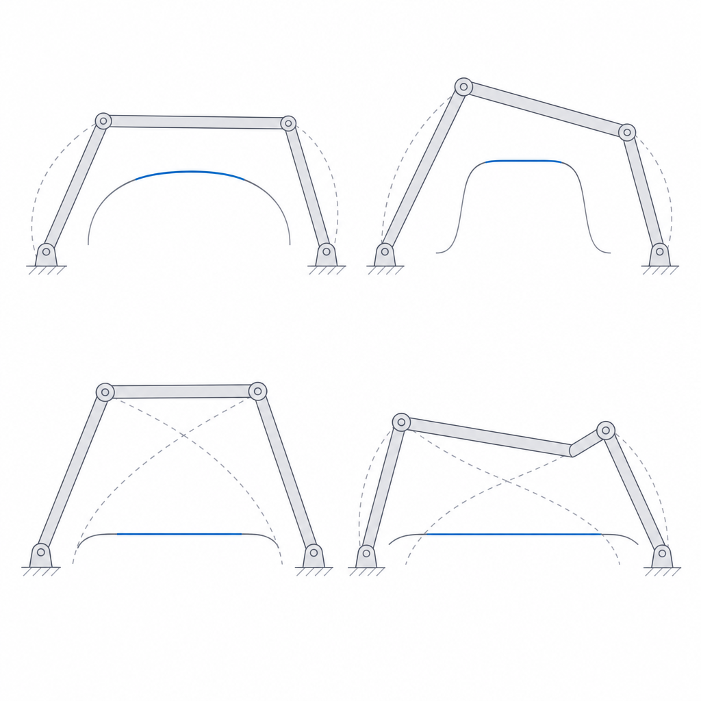 Comparison of the coupler curves of Chebyshev, Watt, Hoeken, and Roberts marking the useful straight stretch of each