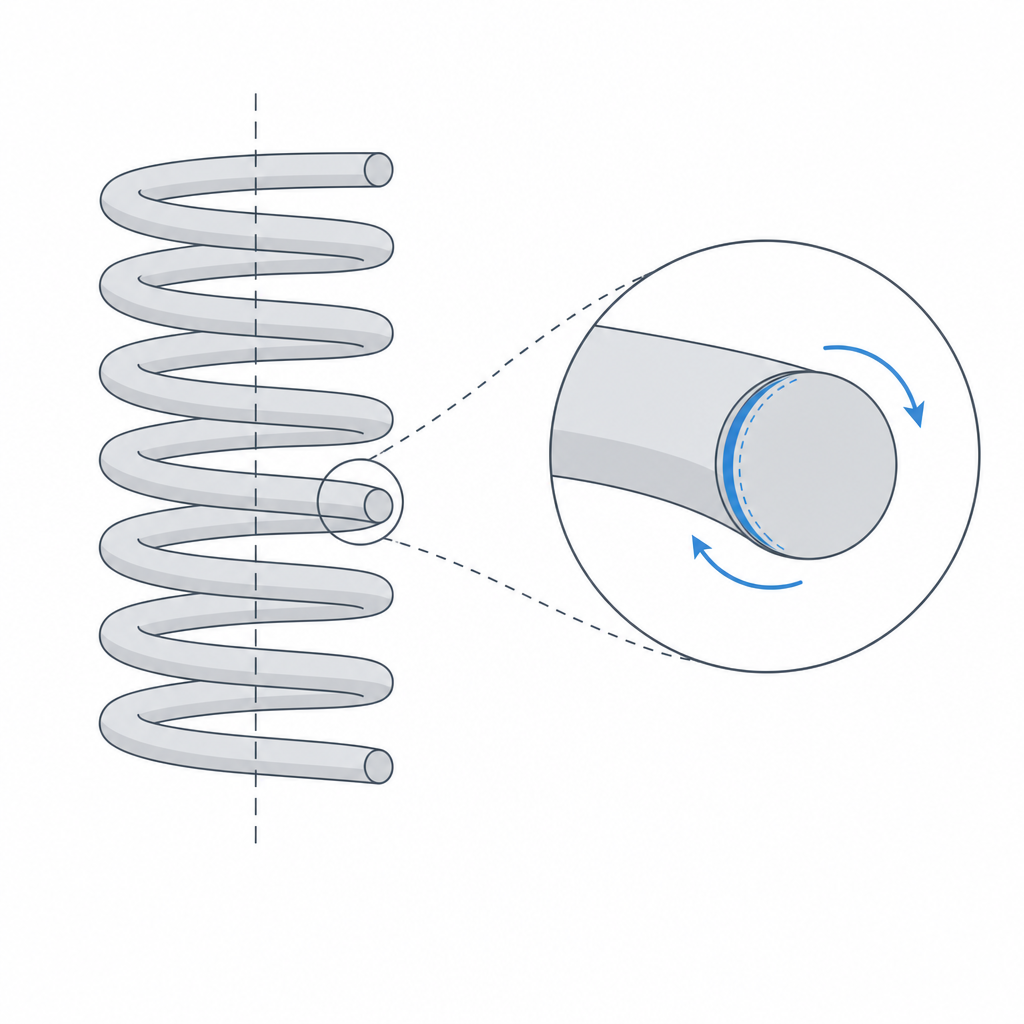 Cross-section of the spring wire twisting under axial load, marking the inner face of the coil where it delaminates