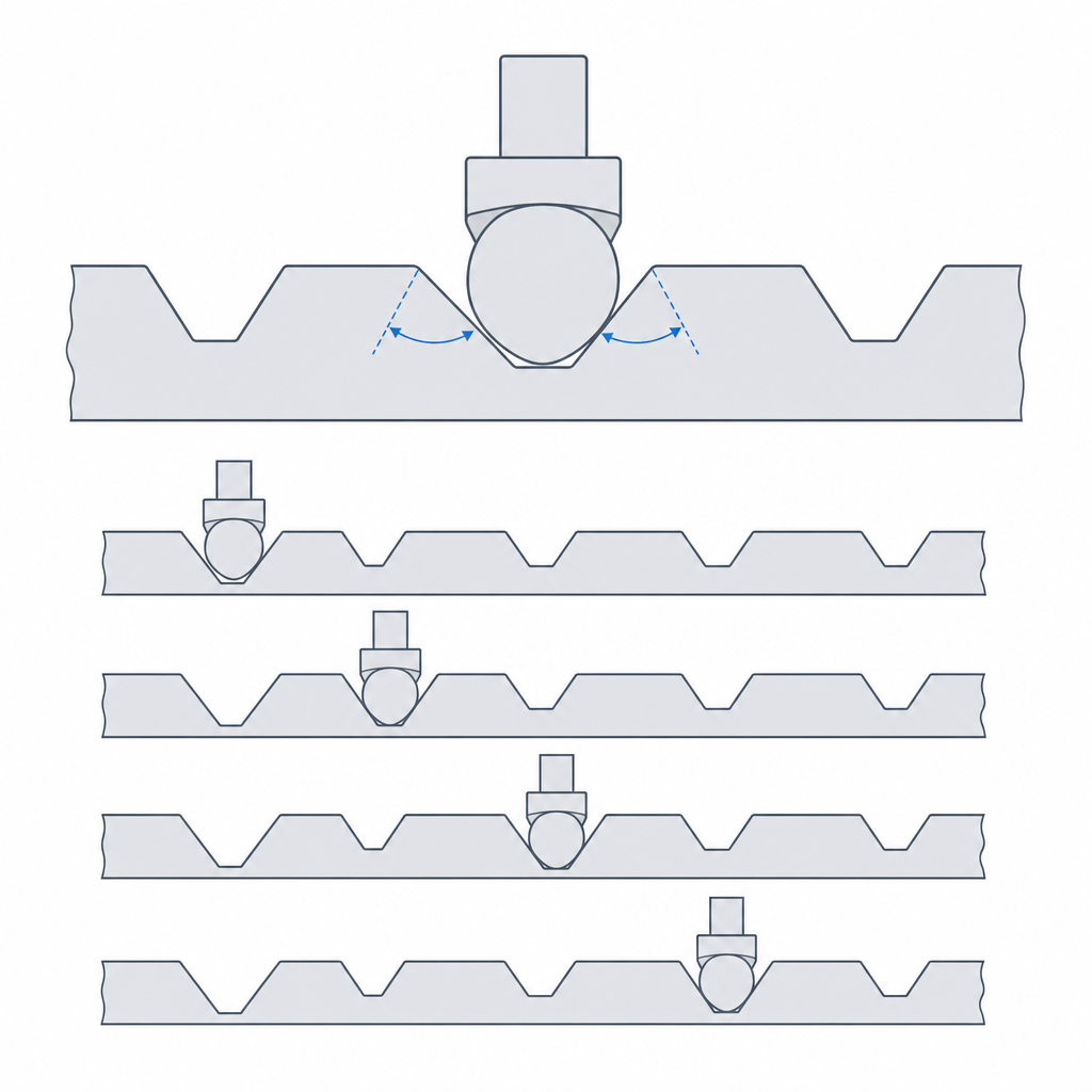 Cutaway of the notched track and the follower dropping into each detent position of a detent hinge
