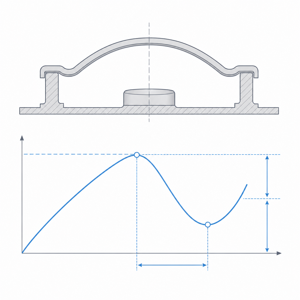 Section of the dome with the force-displacement curve marking the peak, the negative stiffness, and the snap ratio
