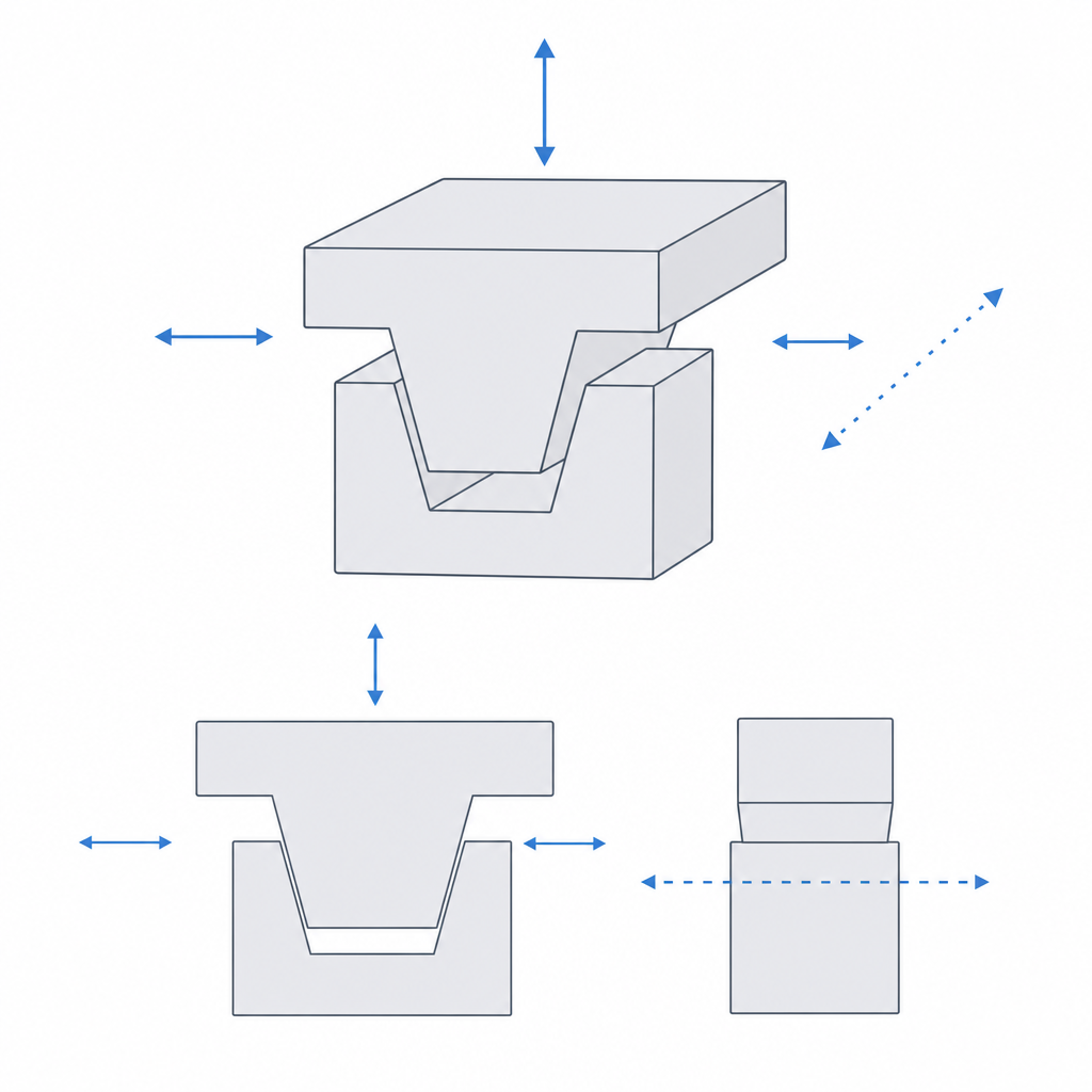 Trapezoidal dovetail profile that captures two axes and leaves the sliding axis free