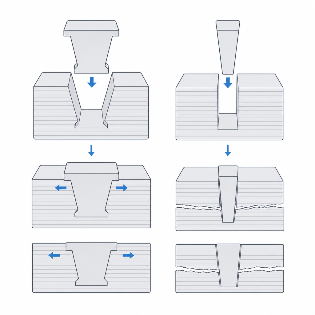 Dovetail wedge oriented correctly versus incorrectly relative to the layers, opening at the joint