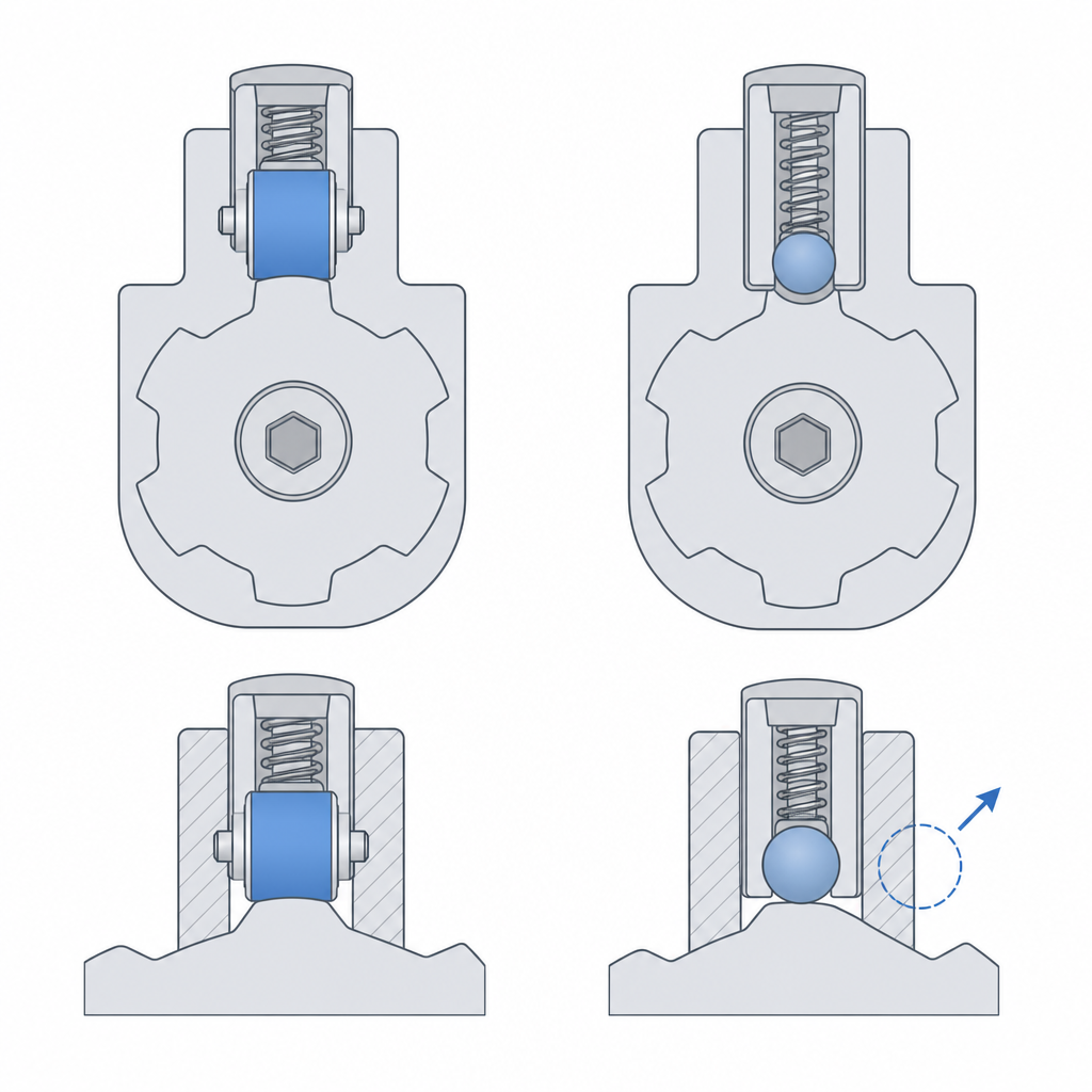 Drum cam indexer with the roller captured between the groove walls, contrasted with a ball detent that springs out