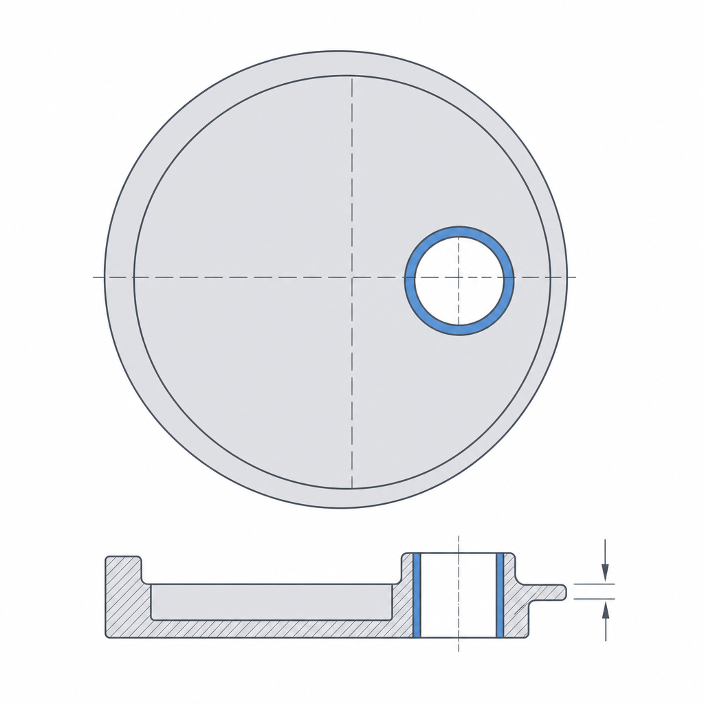 Cross-section of the disc with the offset shaft hole, showing the thin wall and the limit it sets on eccentricity