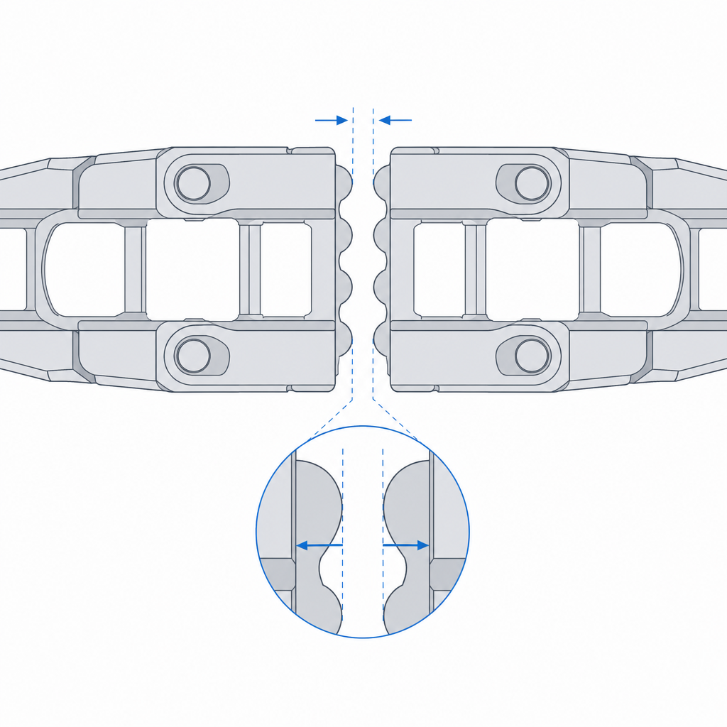 Section of two facing links showing the gap per face and how the extrusion width eats half the separation