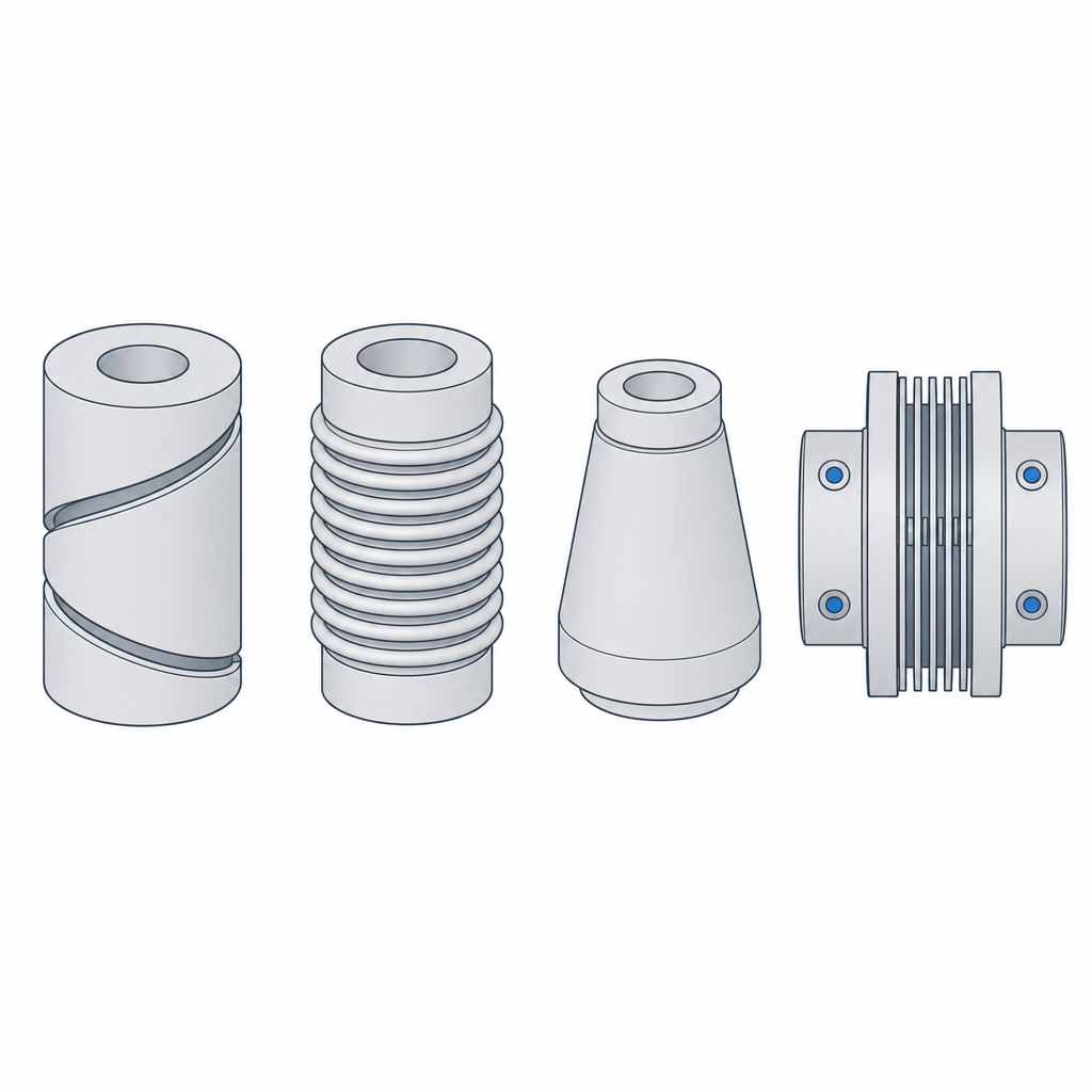 Family of flexible coupling geometries: helical beam, bellows, cone clutch, and stacked discs