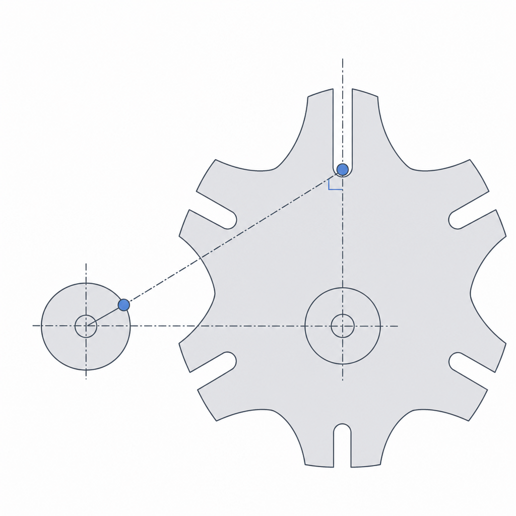 Right triangle of the Geneva engagement instant with the pin radius and the slot perpendicular to the line of centers