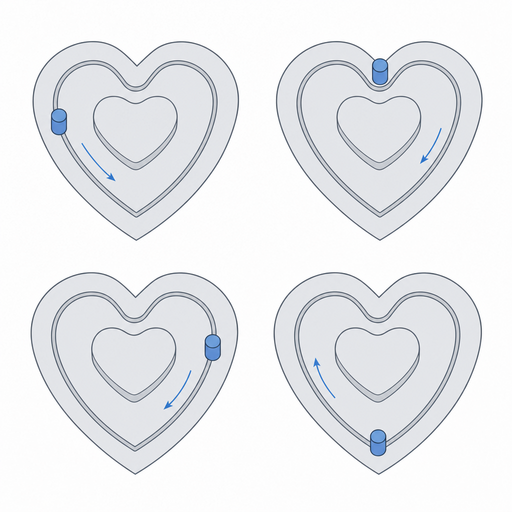 The heart cam with its closed track and the four steps of the cycle, with the latching notch called out