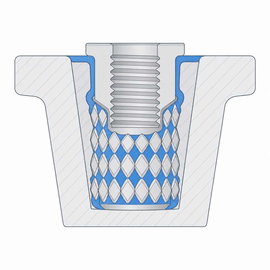 Section of a knurled insert pressed in hot into its tapered boss, with the melted plastic filling the knurling