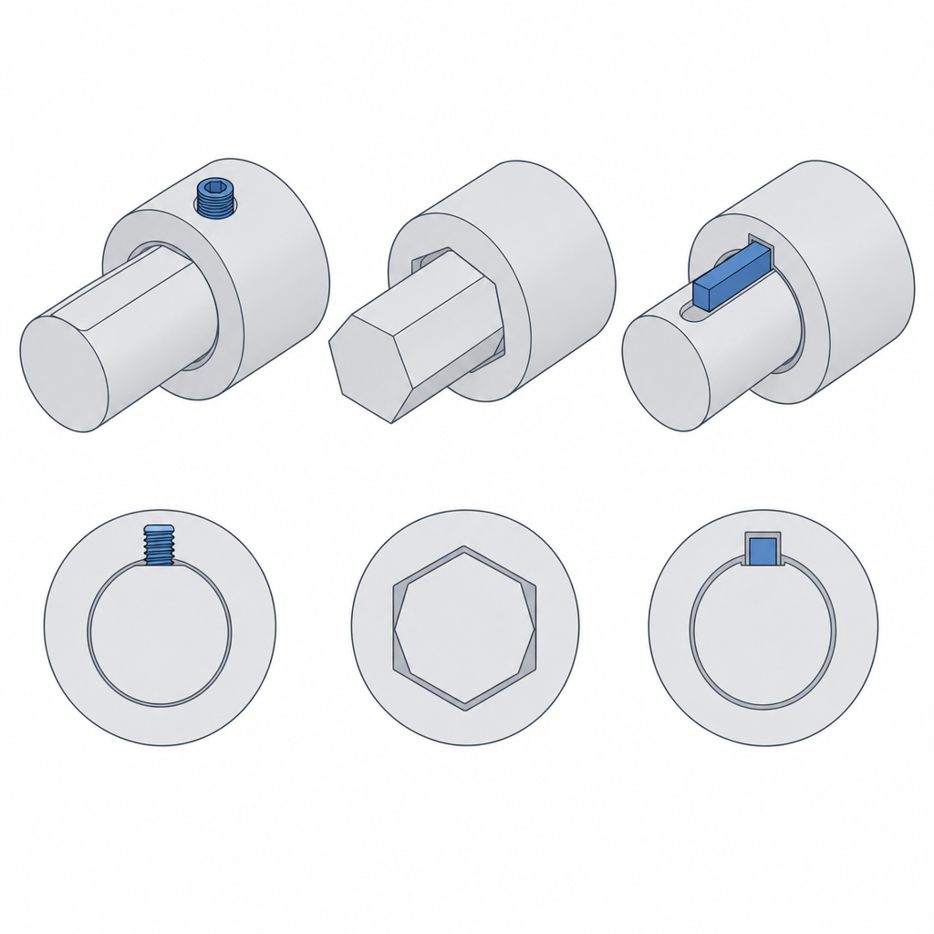 Three anti-rotation solutions side by side: set screw against a flat, hex shaft, and keyway with key