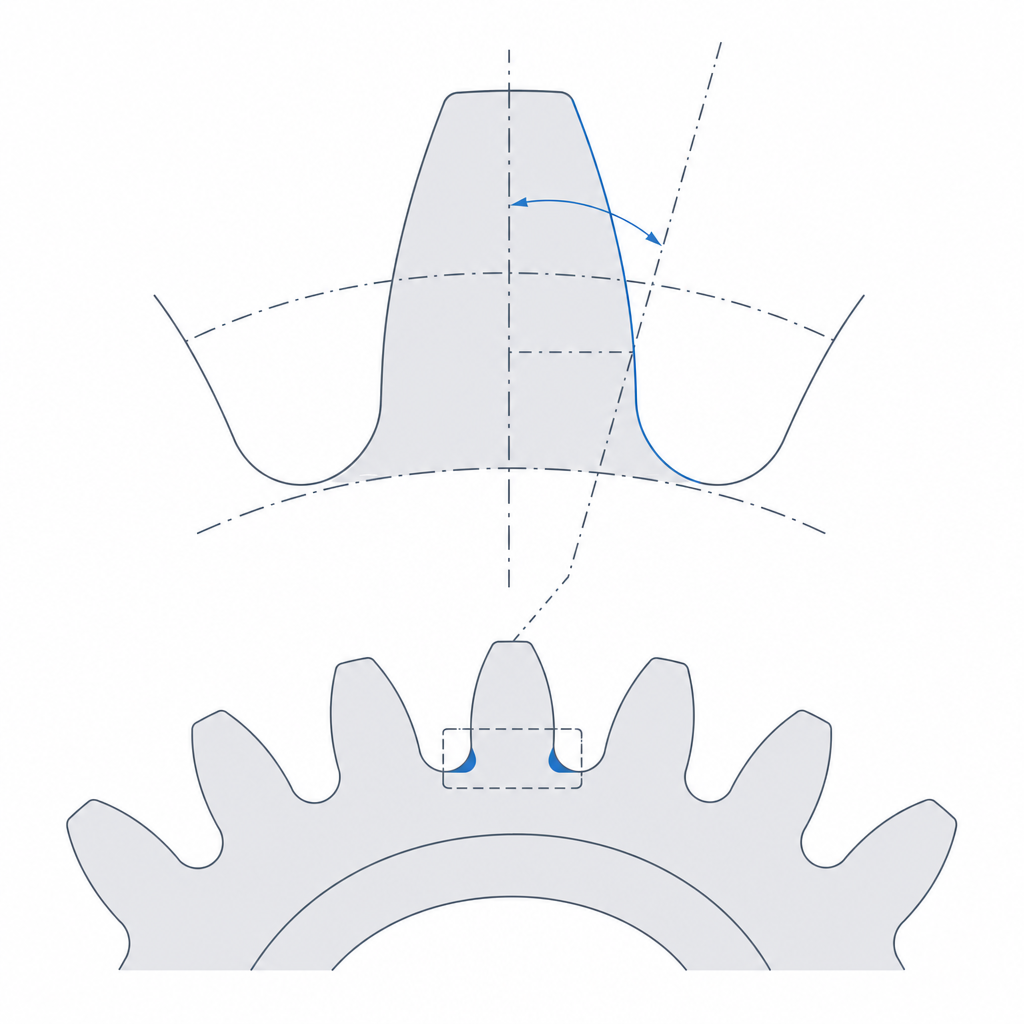Involute profile with the pressure angle and the root undercut that appears at low tooth counts