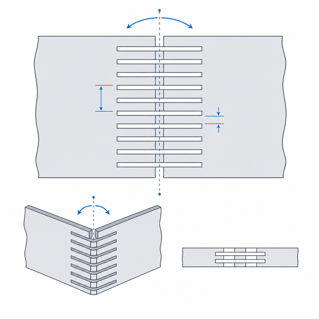 The pattern of alternating parallel cuts with thin bridges in series, marking pitch and bridge width and the single bending axis