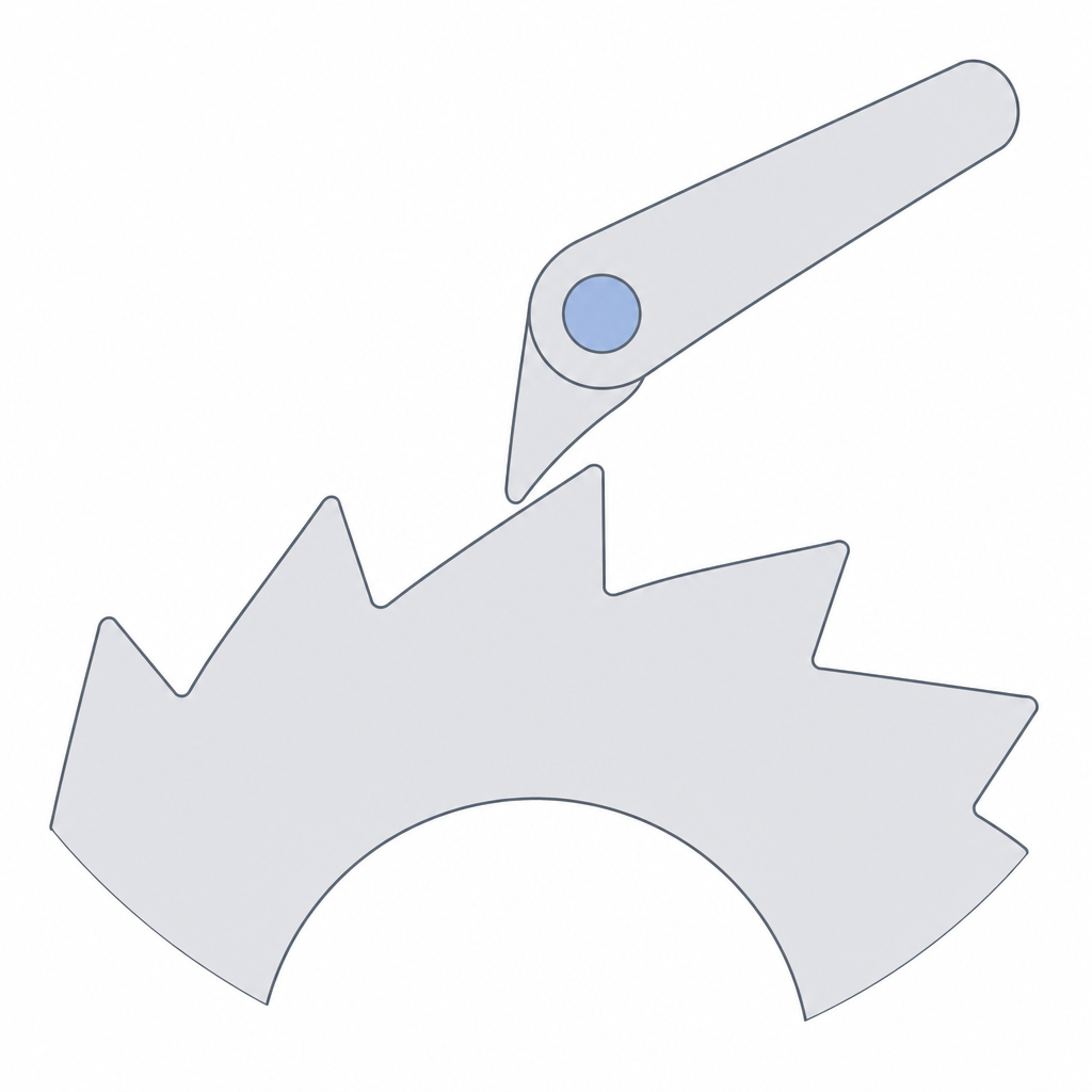 The asymmetric tooth with a gentle flank and a near-vertical locking flank, and the pawl tip near the crest