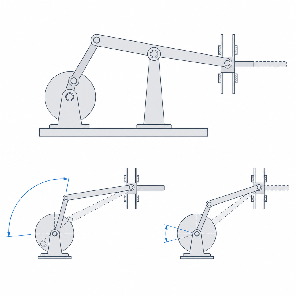 Geometry of the oscillating lever pivoted at an offset point, with the large angle for the working stroke and the small angle for the return