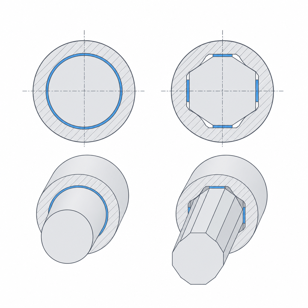 Comparison of a round shaft contacting the full ring versus a splined or hex shaft with line contact