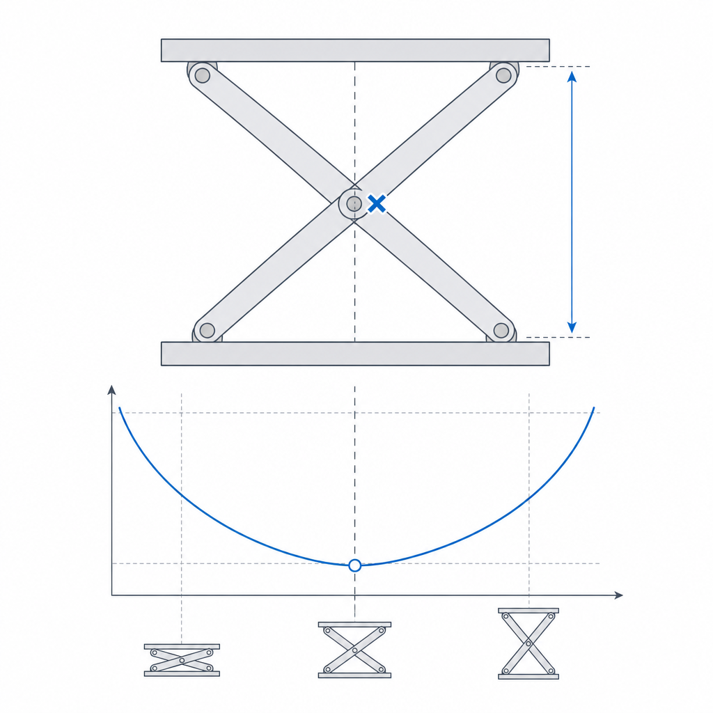 Diagram of a scissor X showing where the crossing point falls and the travel-versus-force relationship