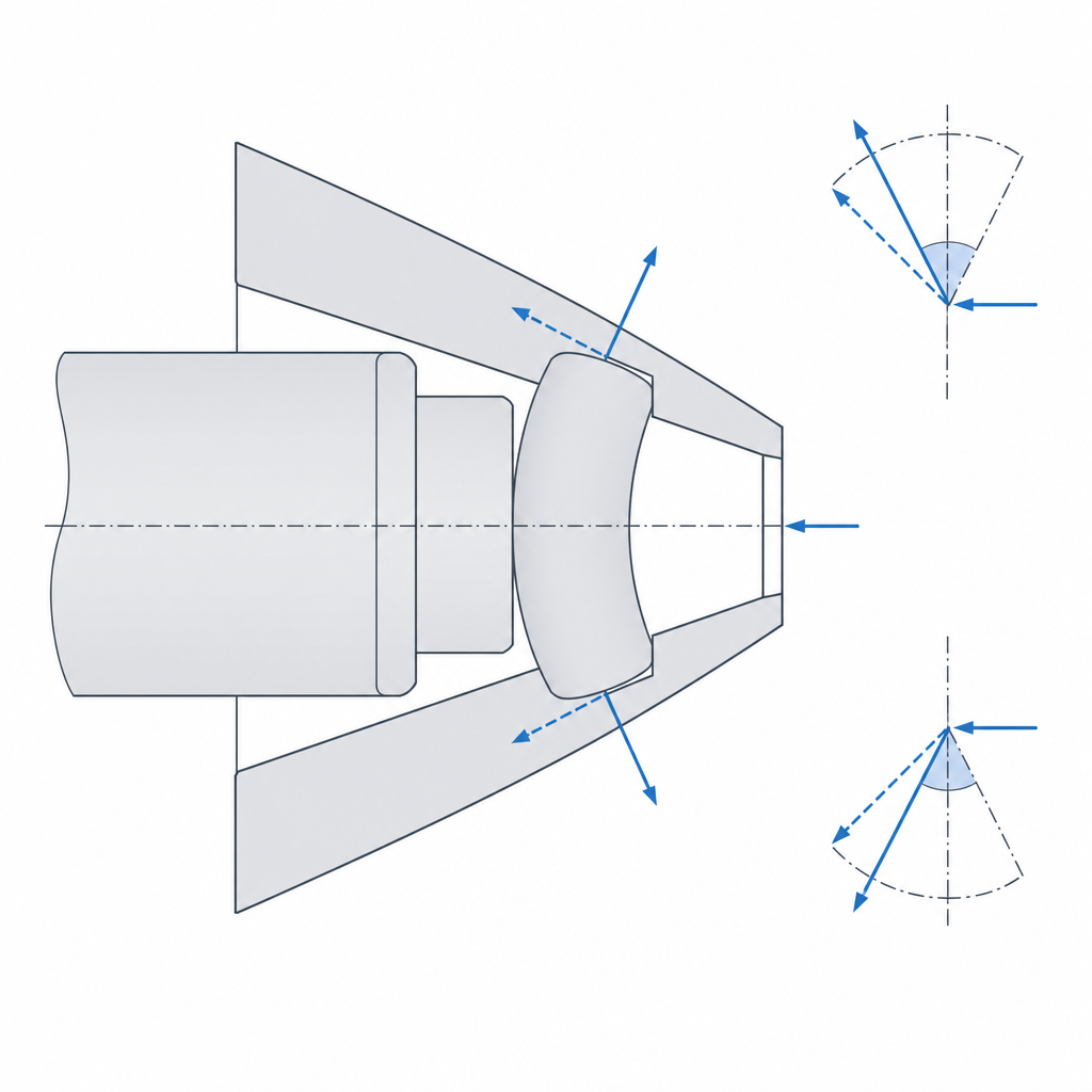 The roller in the wedge-shaped gap between shaft and race, free on the wide side and jammed on the narrow side, showing the force-feedback loop