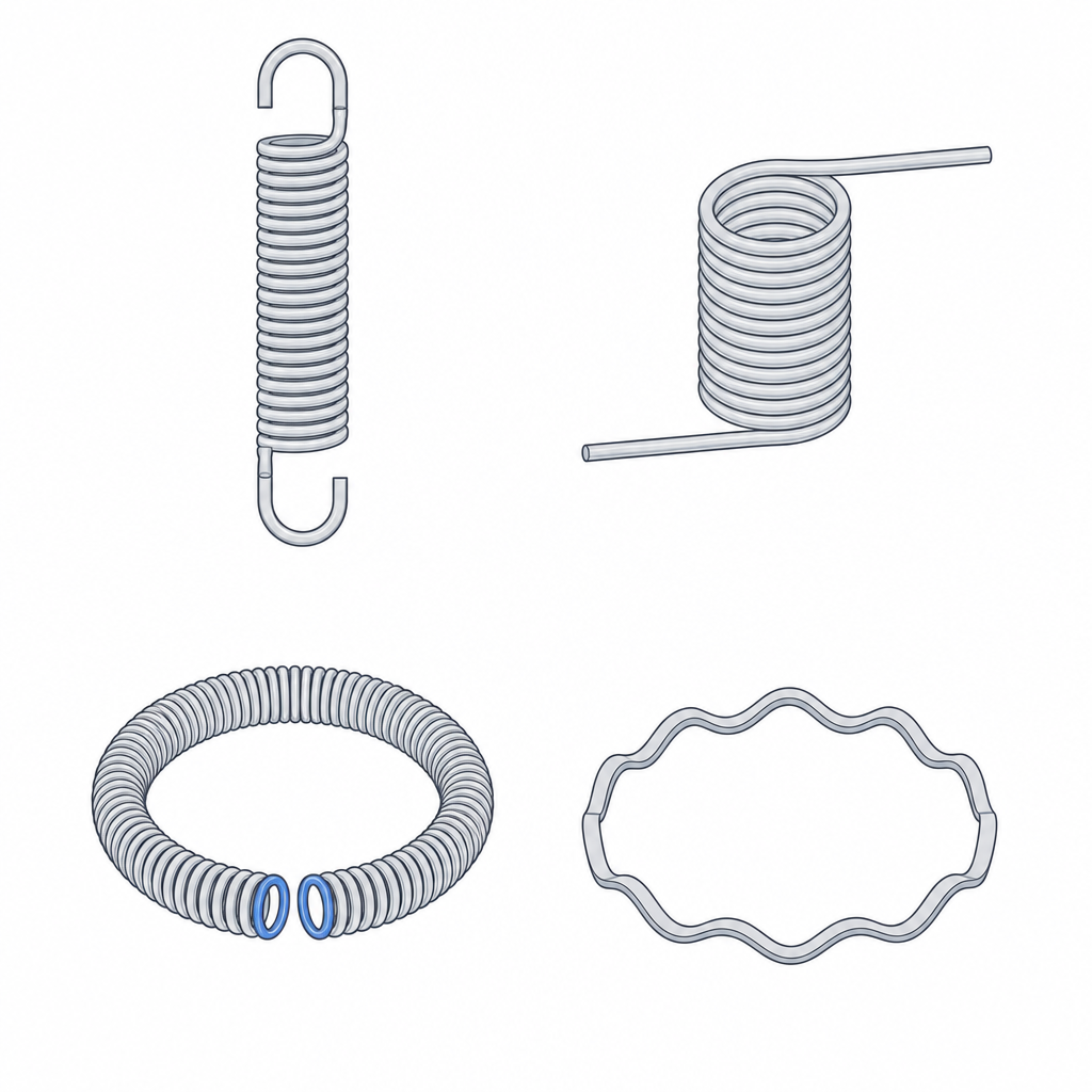 Comparison of four spring variants showing force direction and fiber mode, with the end hook highlighted