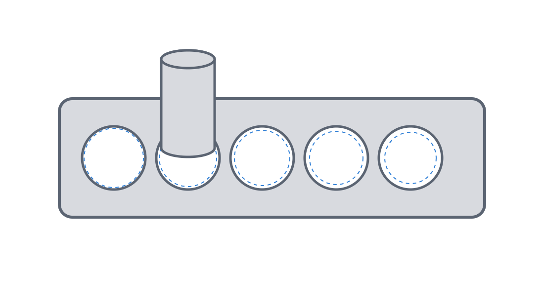 A tolerance calibration coupon fresh off the printer: a row of shafts in holes with increasing labeled clearances to test by hand which one slides