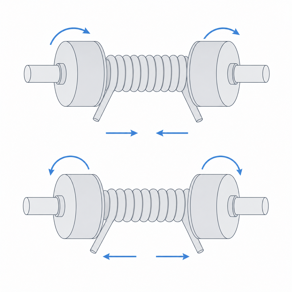 Diagram of the spring wrapped over the two drums, with torque arrows showing which direction closes or opens the coils