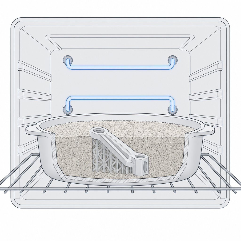 Una pieza impresa medio enterrada en medio de soporte granular dentro de un horno para recocerla sin deformarse.